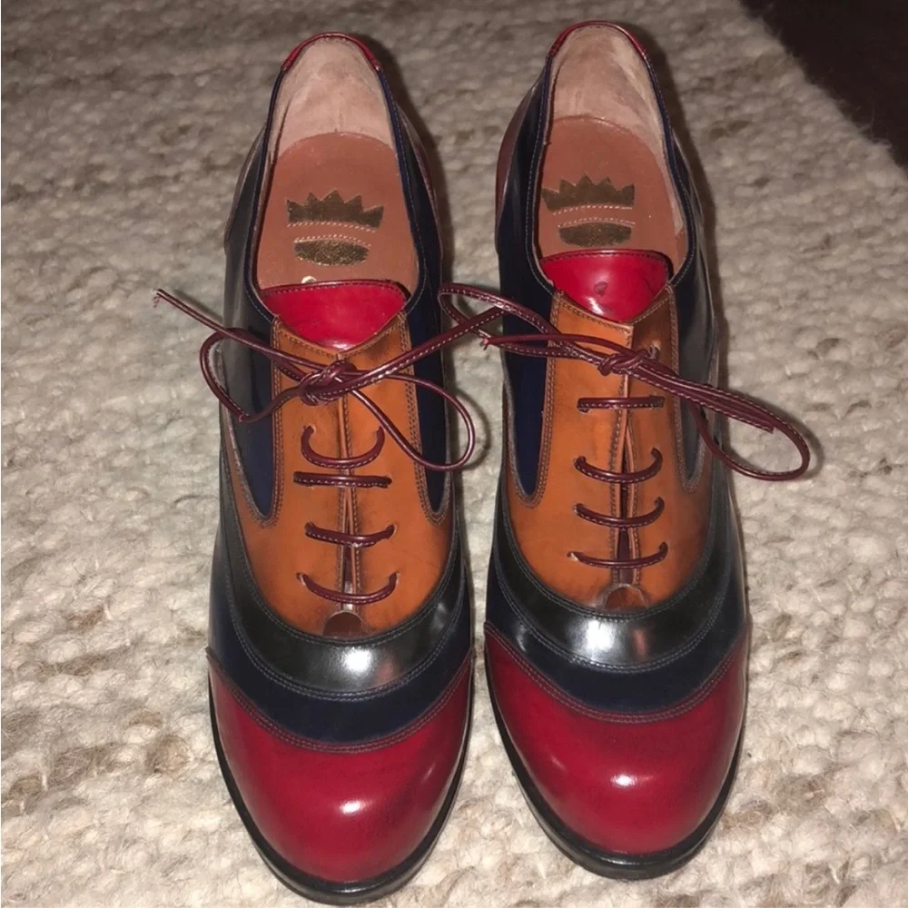 OUTRAGEOUS VTG Sz 7.5 ERNESTO ESPOSITO Multicolor leather platform hi heel Shoes - Picture 7 of 9